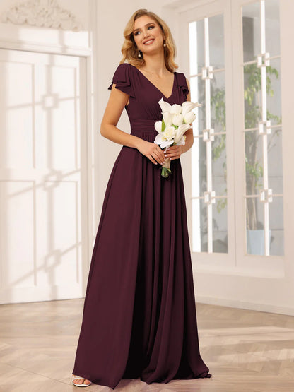 Wholesa A-Line/Princess V-Neck Long Bridesmaid Dresses With Ruffles