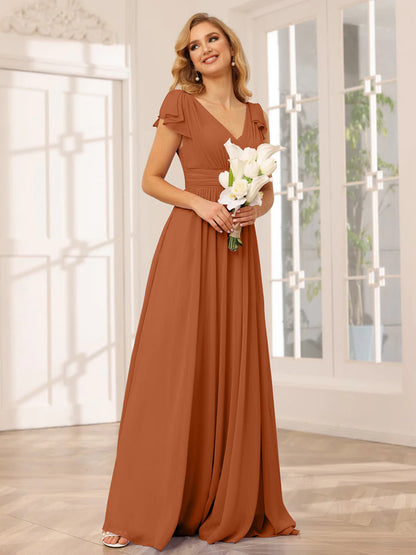 Wholesa A-Line/Princess V-Neck Long Bridesmaid Dresses With Ruffles