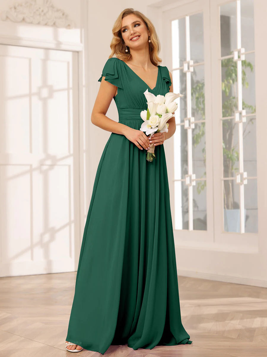 Wholesa A-Line/Princess V-Neck Long Bridesmaid Dresses With Ruffles