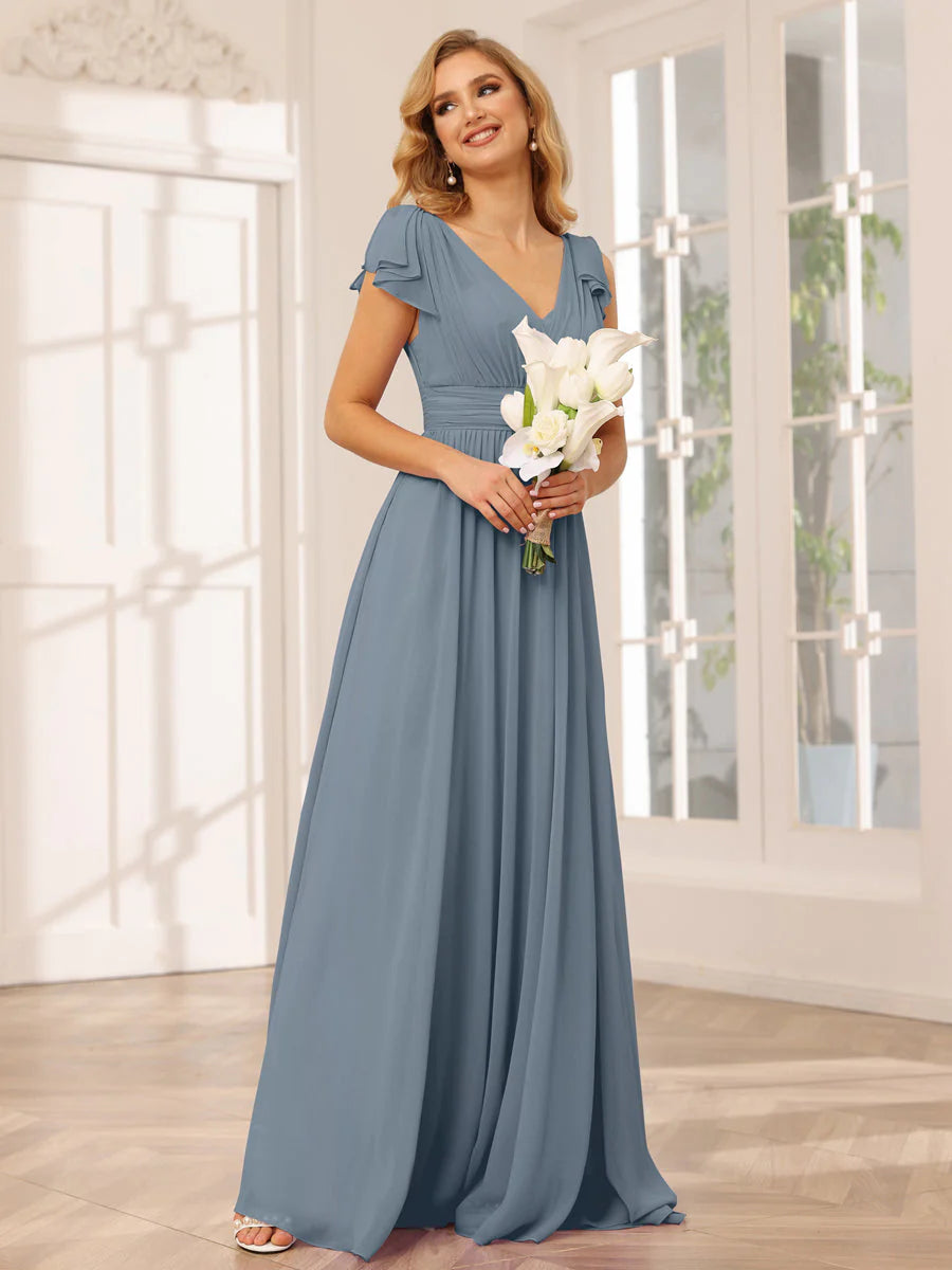 Wholesa A-Line/Princess V-Neck Long Bridesmaid Dresses With Ruffles