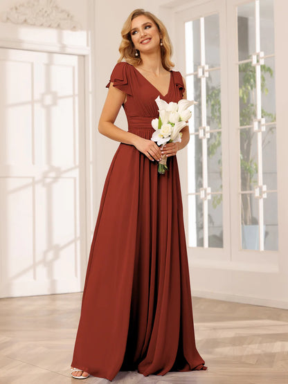 Wholesa A-Line/Princess V-Neck Long Bridesmaid Dresses With Ruffles