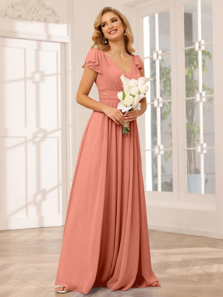 Wholesa A-Line/Princess V-Neck Long Bridesmaid Dresses With Ruffles