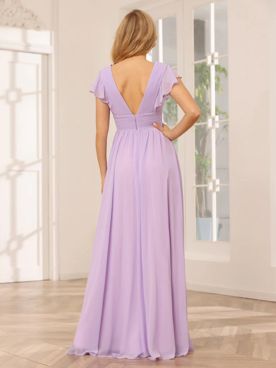 Wholesa A-Line/Princess V-Neck Long Bridesmaid Dresses With Split Side