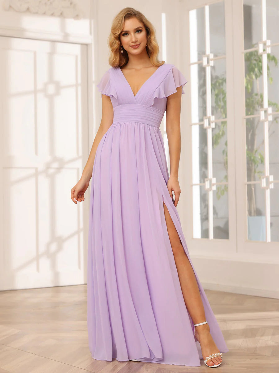 Wholesa A-Line/Princess V-Neck Long Bridesmaid Dresses With Split Side