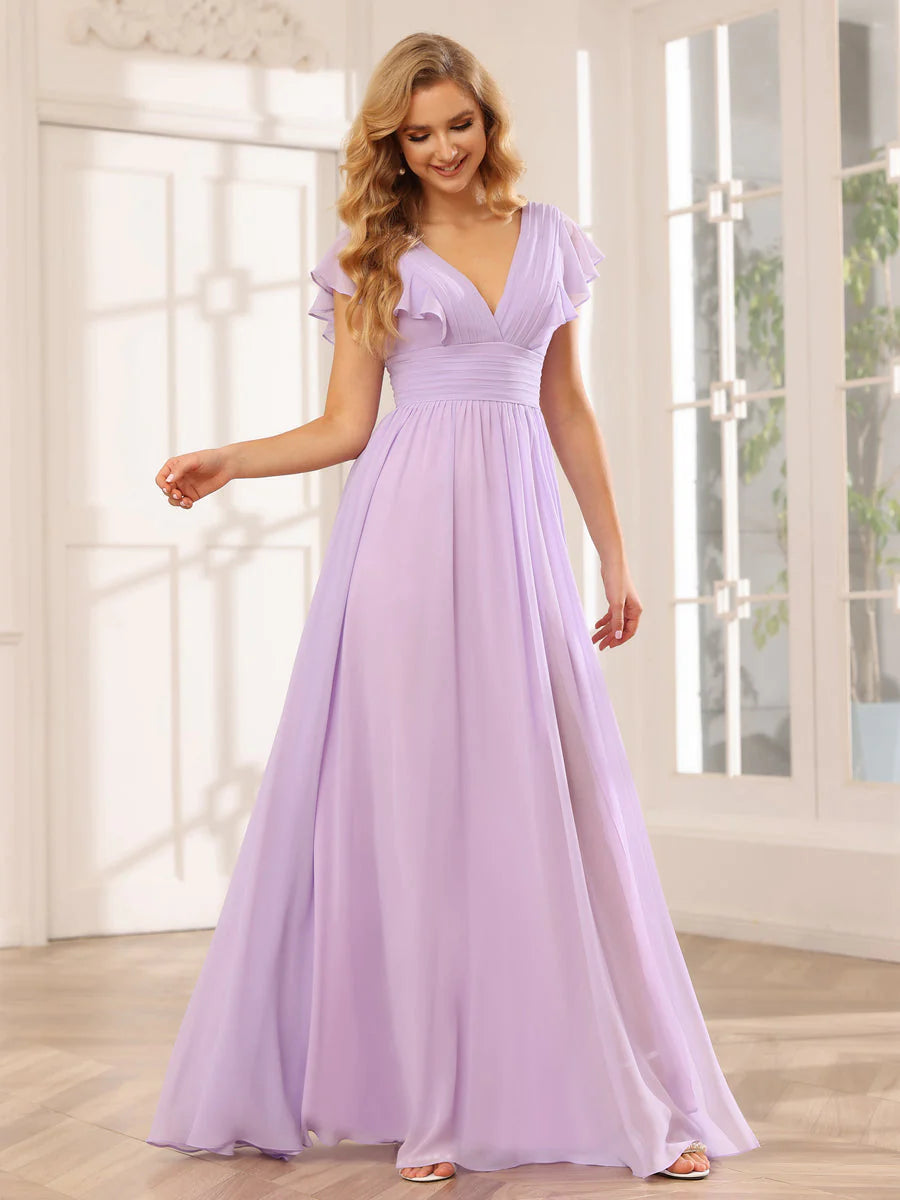 Wholesa A-Line/Princess V-Neck Long Bridesmaid Dresses With Split Side