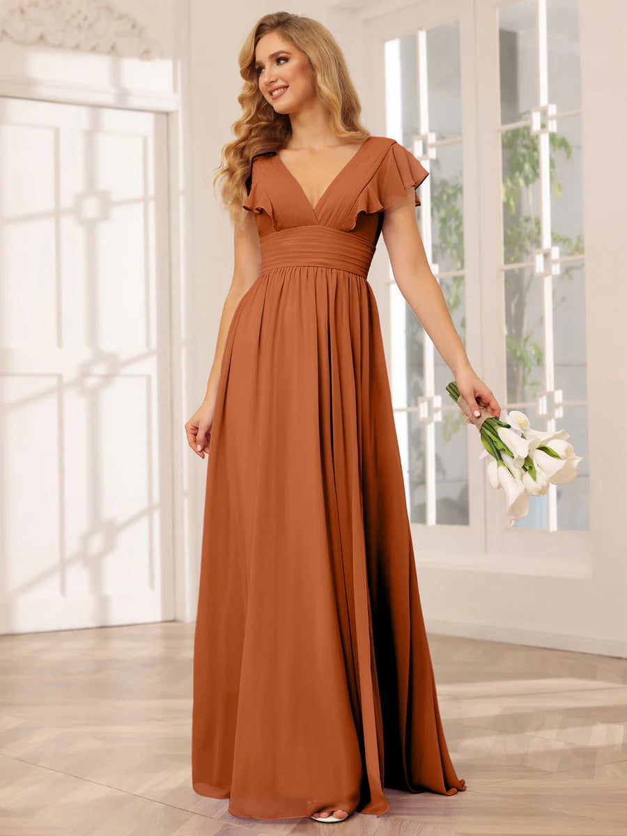 Wholesa A-Line/Princess V-Neck Long Bridesmaid Dresses With Split Side