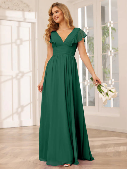 Wholesa A-Line/Princess V-Neck Long Bridesmaid Dresses With Split Side