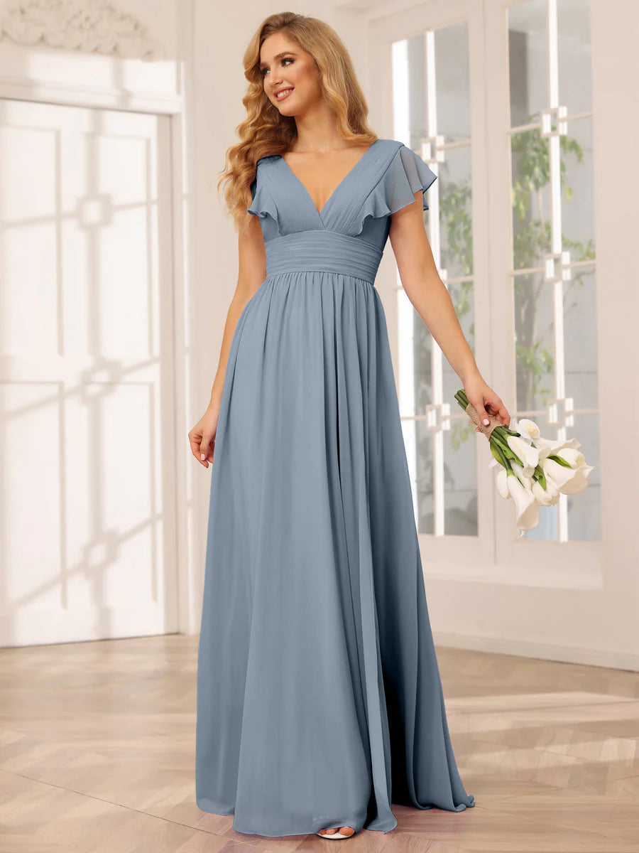 Wholesa A-Line/Princess V-Neck Long Bridesmaid Dresses With Split Side