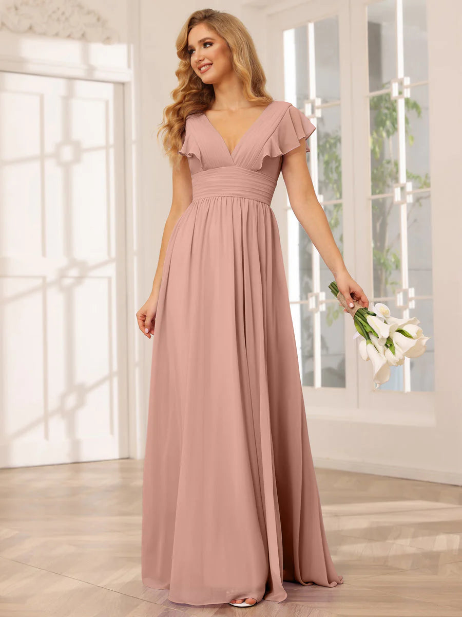 Wholesa A-Line/Princess V-Neck Long Bridesmaid Dresses With Split Side