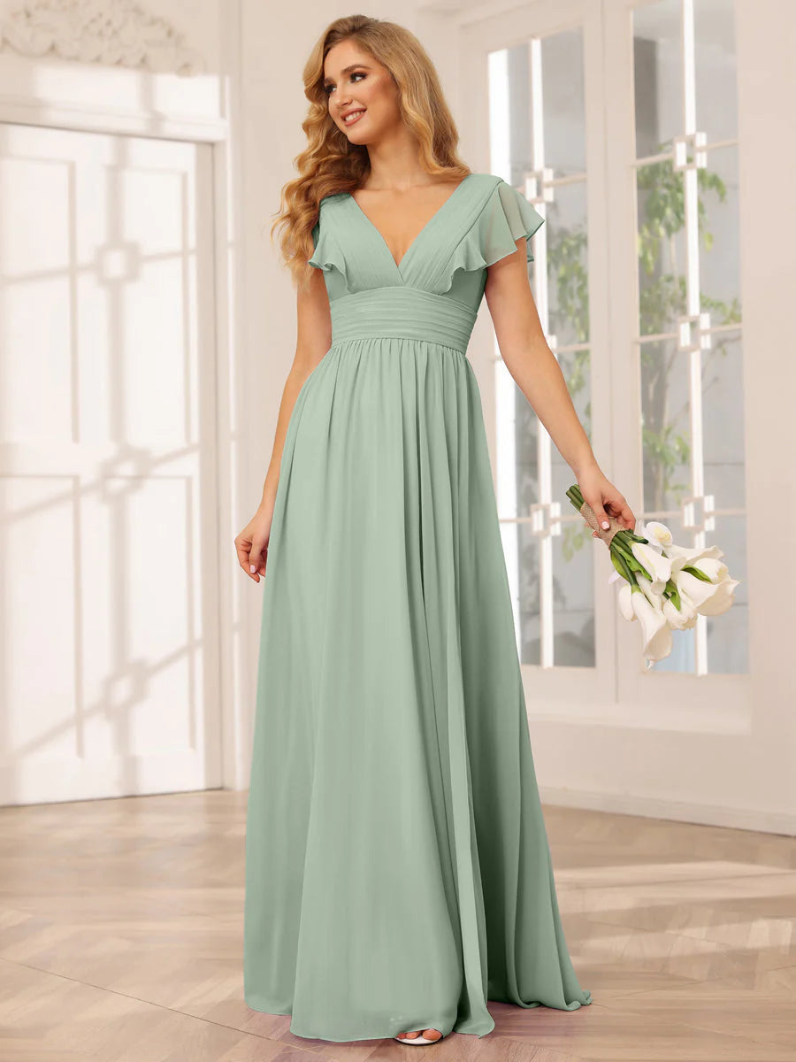 Wholesa A-Line/Princess V-Neck Long Bridesmaid Dresses With Split Side