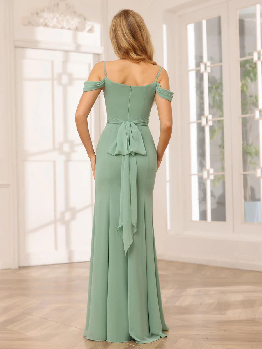 Wholesa Sheath/Column Spaghetti Straps Off-The-Shoulder Long Bridesmaid Dresses With Split Side