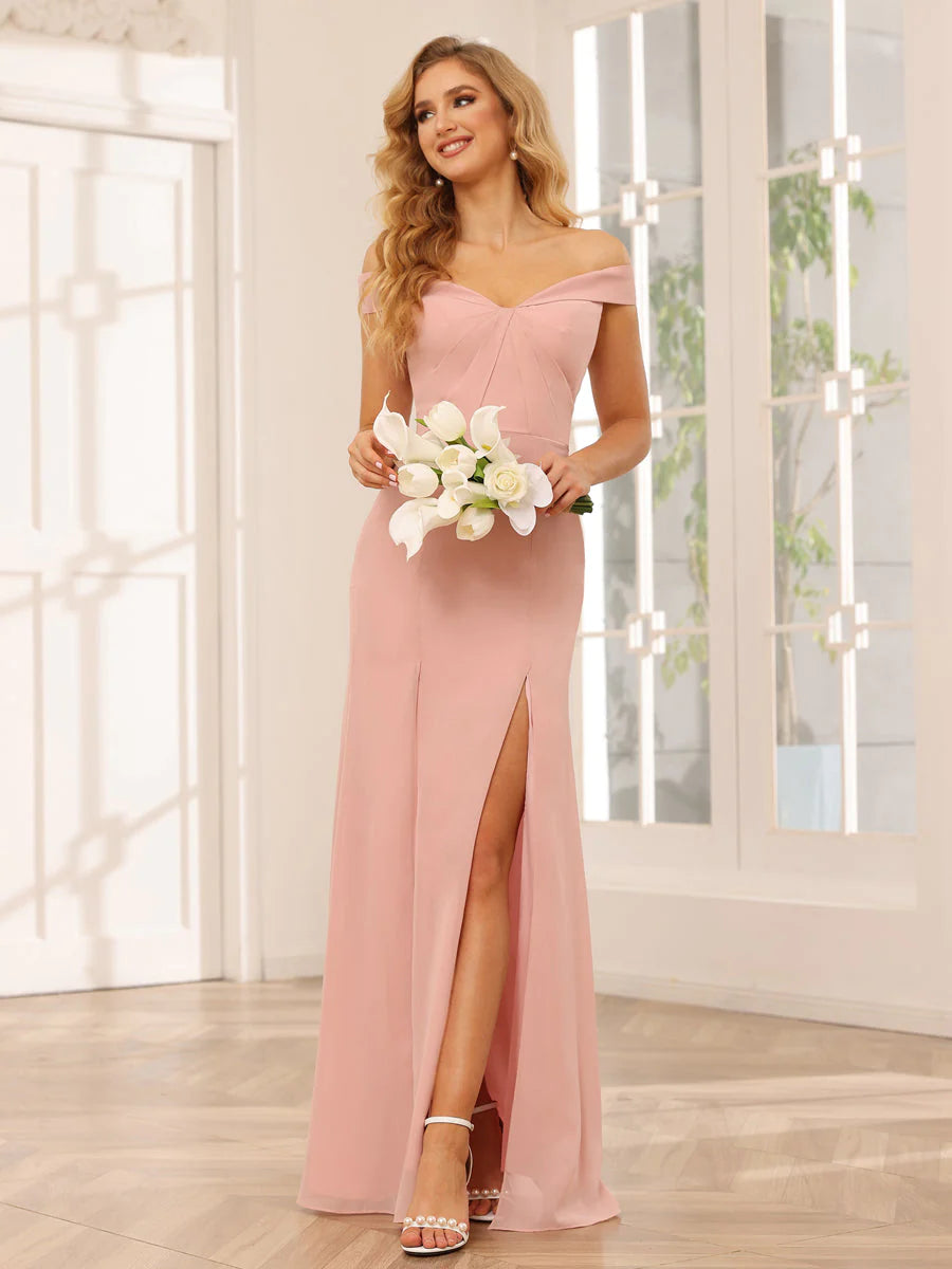 Wholesa Sheath/Column Off-The-Shoulder Long Bridesmaid Dresses With Split Side