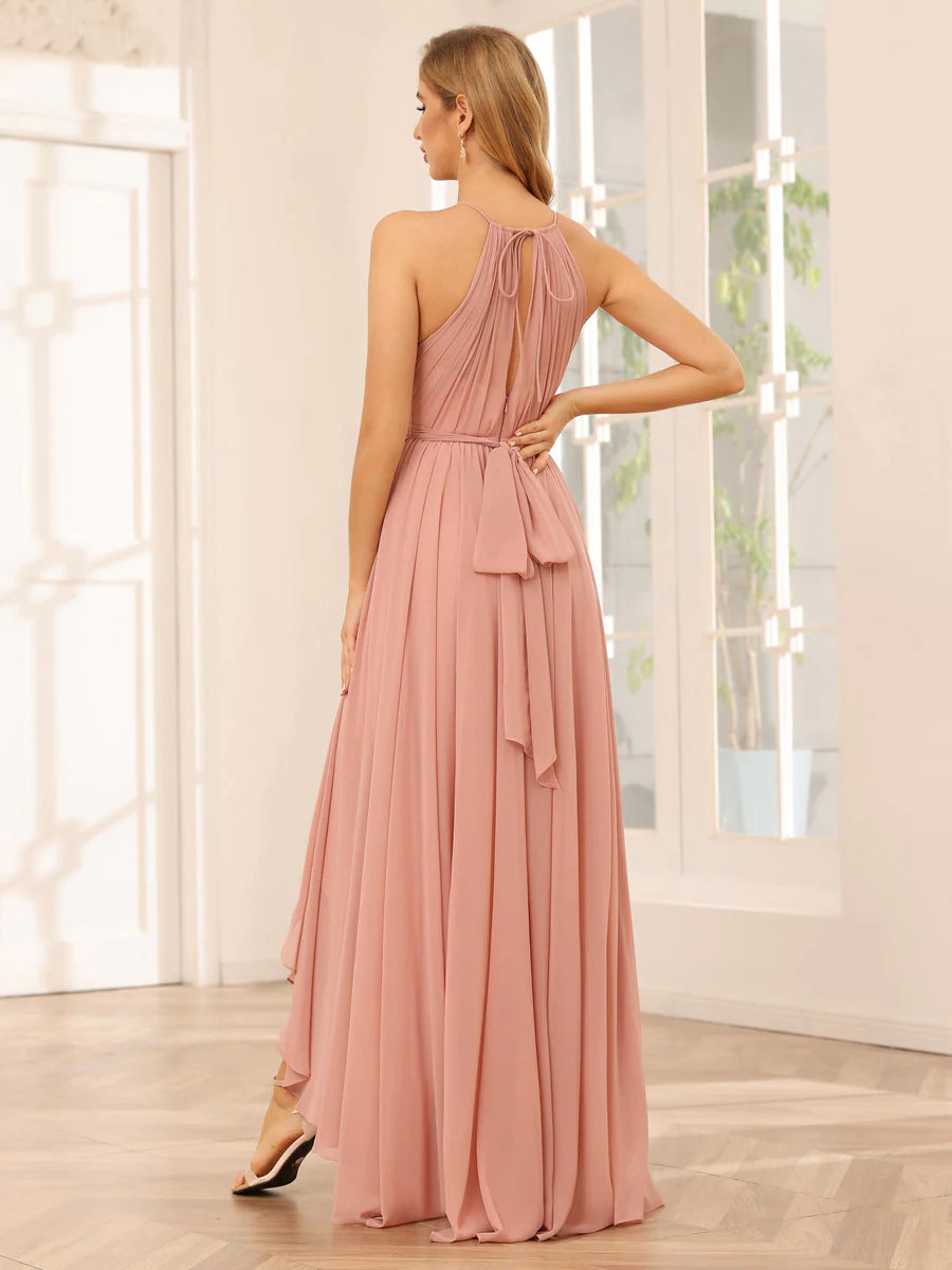 Wholesa A-Line/Princess Halter Asymmetrical Bridesmaid Dresses With Sash