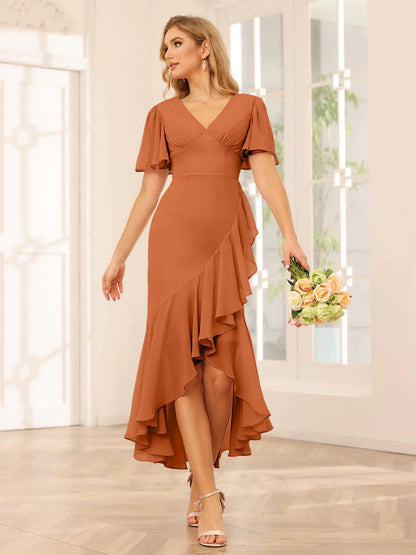 Wholesa Sheath/Column V-Neck Asymmetrical Bridesmaid Dresses With Ruffles