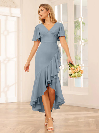 Wholesa Sheath/Column V-Neck Asymmetrical Bridesmaid Dresses With Ruffles