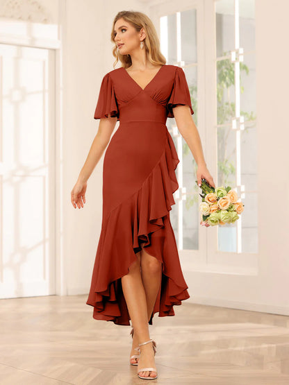 Wholesa Sheath/Column V-Neck Asymmetrical Bridesmaid Dresses With Ruffles