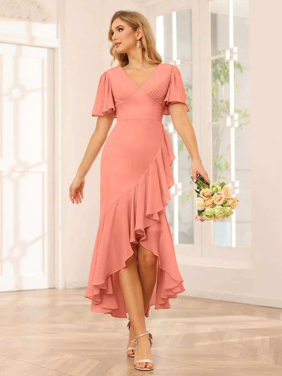 Wholesa Sheath/Column V-Neck Asymmetrical Bridesmaid Dresses With Ruffles