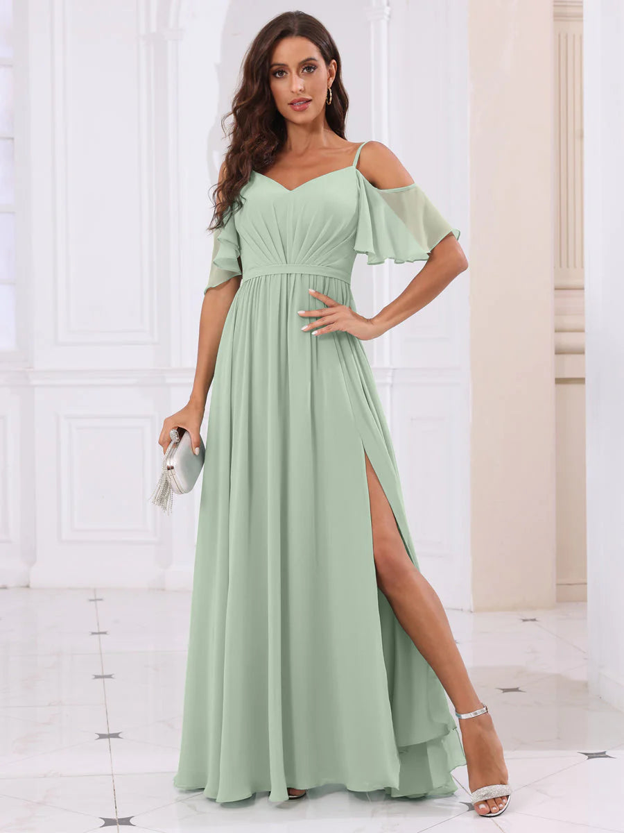 Wholesa A-Line/Princess Spaghetti Straps Long Bridesmaid Dresses With Split Side