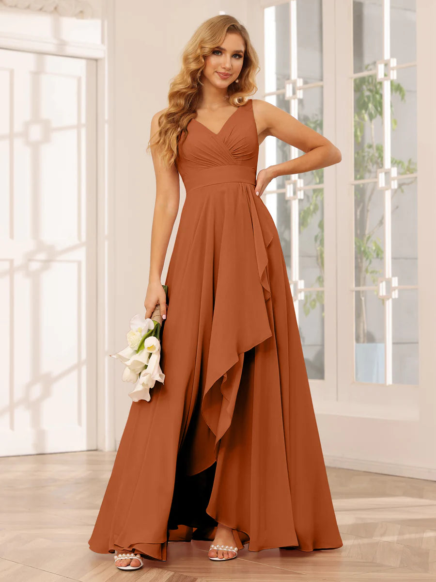 Wholesa A-Line/Princess V-Neck Asymmetrical Bridesmaid Dresses With Ruffles