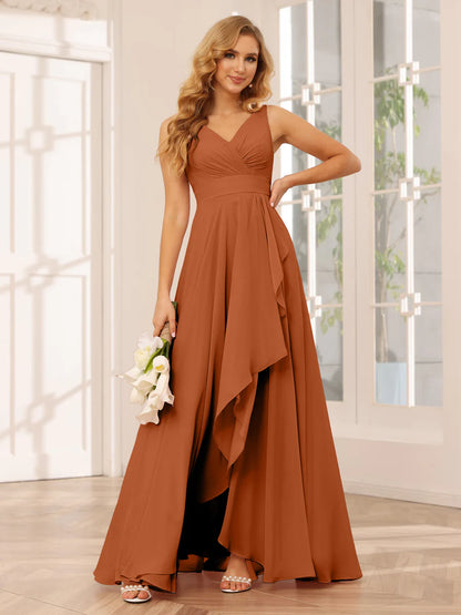 Wholesa A-Line/Princess V-Neck Asymmetrical Bridesmaid Dresses With Ruffles