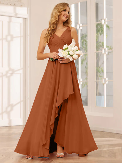 Wholesa A-Line/Princess V-Neck Asymmetrical Bridesmaid Dresses With Ruffles