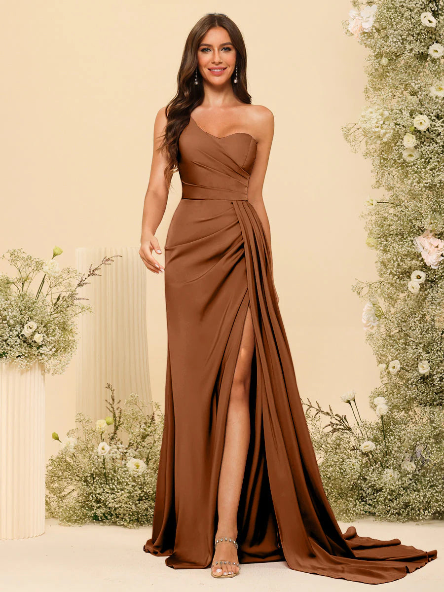 Wholesa Sheath/Column One-Shoulder Sweetheart Long Formal Dresses With Split Side