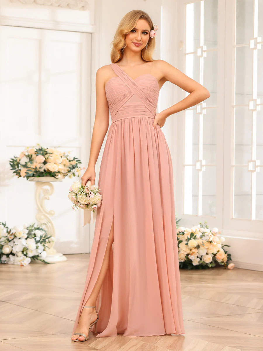 Wholesa A-Line/Princess One-Shoulder Long Wedding Party Dresses With Split Side