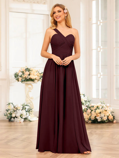 Wholesa A-Line/Princess One-Shoulder Long Wedding Party Dresses With Split Side