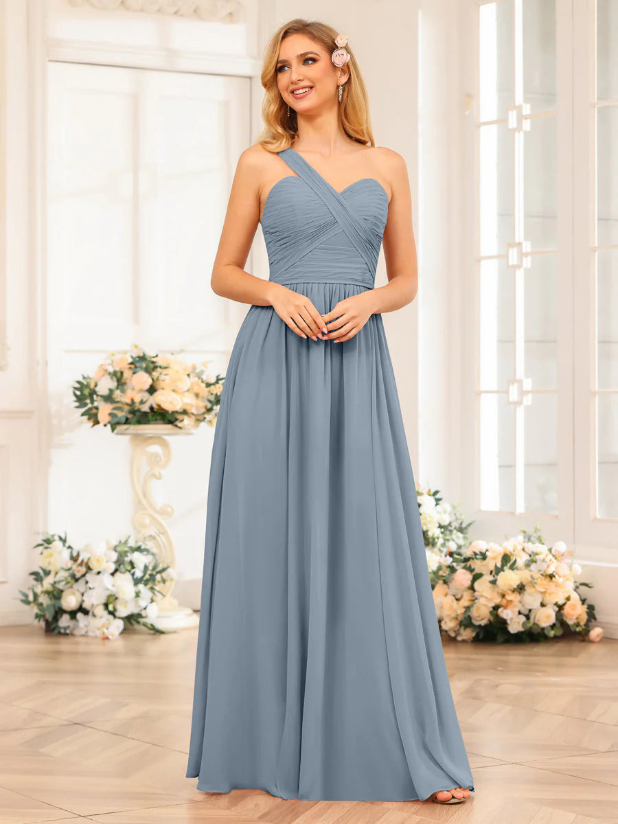 Wholesa A-Line/Princess One-Shoulder Long Wedding Party Dresses With Split Side