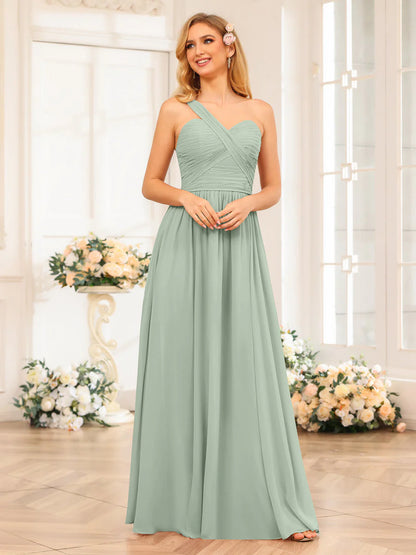 Wholesa A-Line/Princess One-Shoulder Long Wedding Party Dresses With Split Side