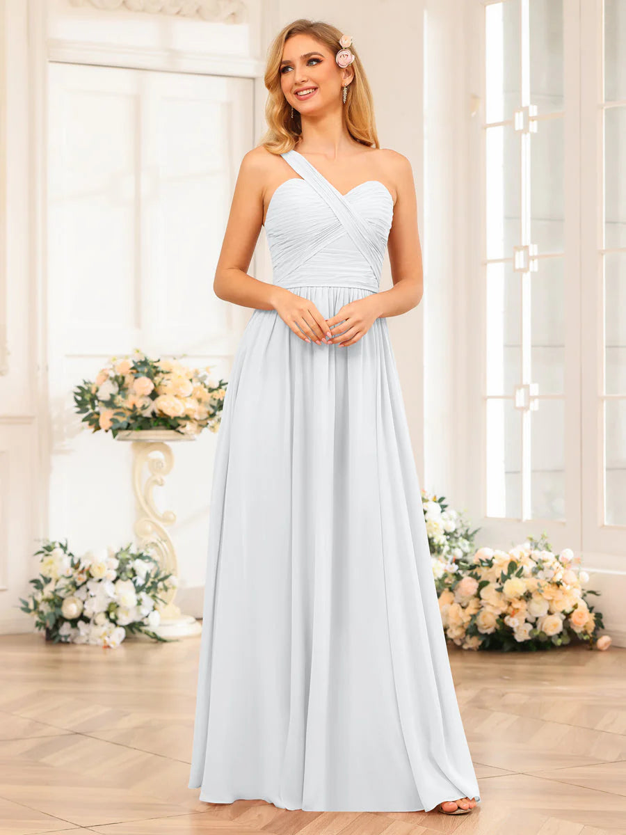 Wholesa A-Line/Princess One-Shoulder Long Wedding Party Dresses With Split Side