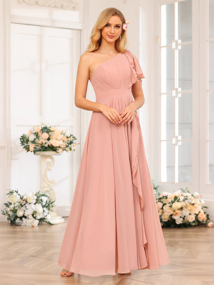 Wholesa A-Line/Princess One-Shoulder Long Wedding Party Dresses With Split Side