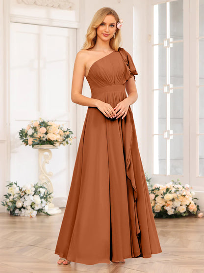 Wholesa A-Line/Princess One-Shoulder Long Wedding Party Dresses With Split Side