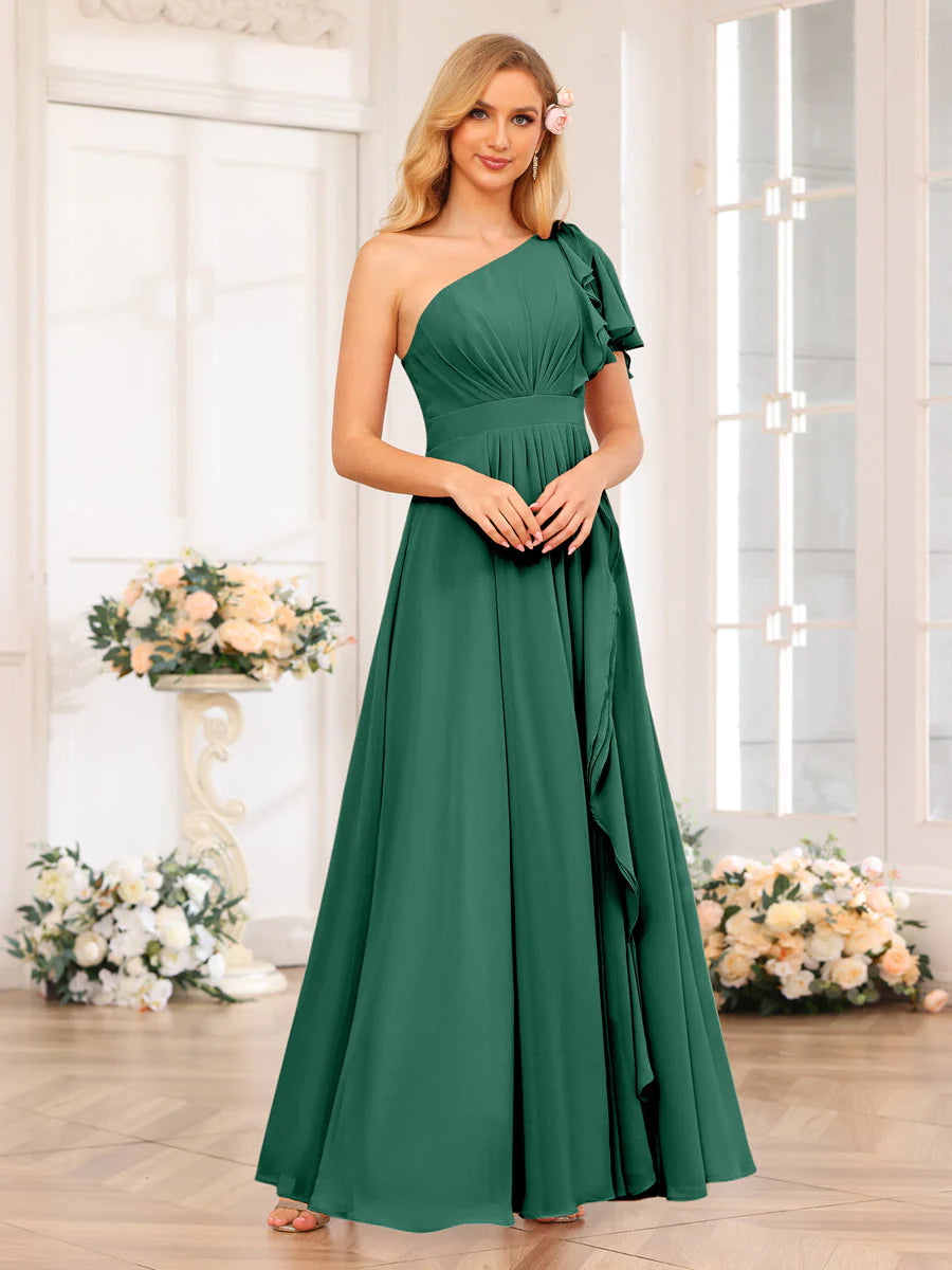 Wholesa A-Line/Princess One-Shoulder Long Wedding Party Dresses With Split Side