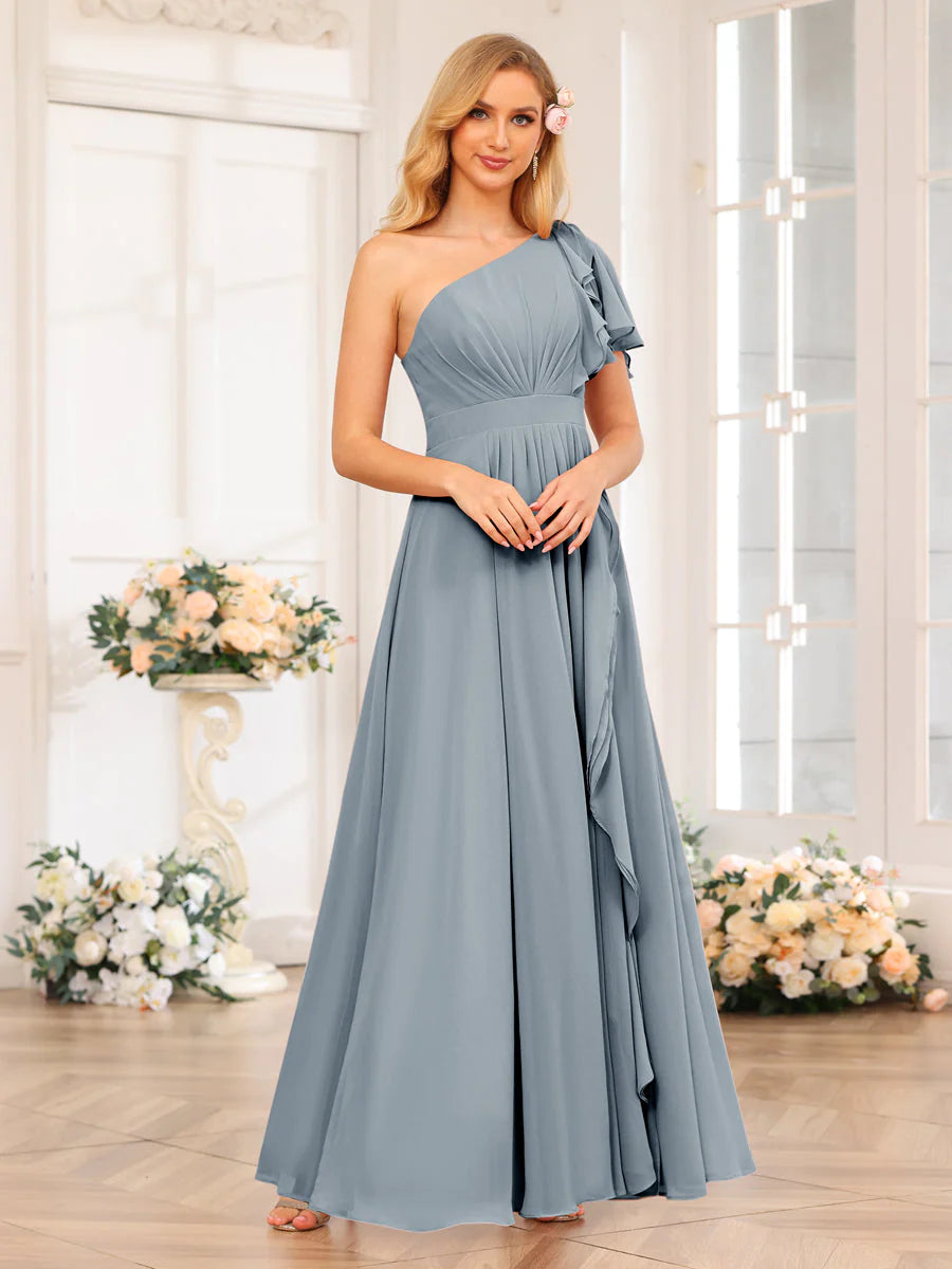 Wholesa A-Line/Princess One-Shoulder Long Wedding Party Dresses With Split Side