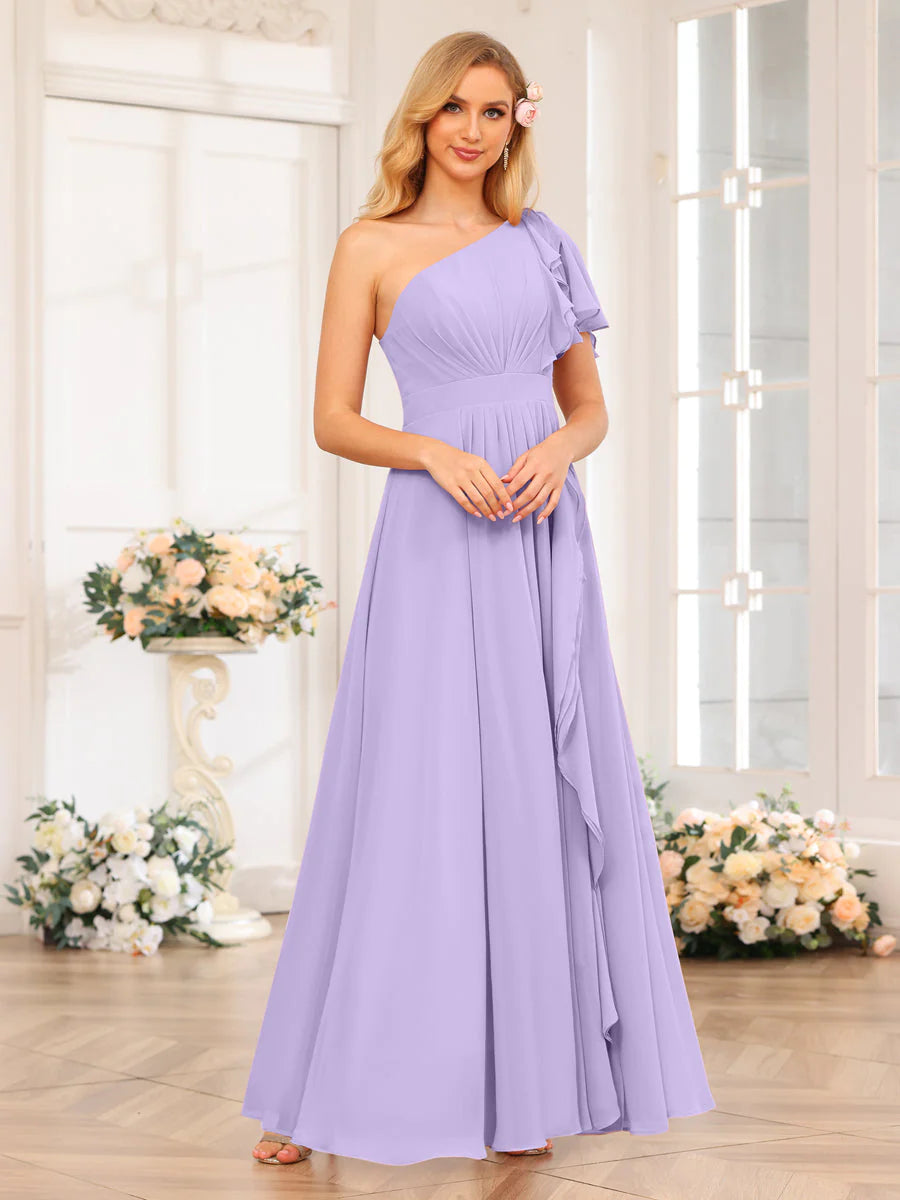 Wholesa A-Line/Princess One-Shoulder Long Wedding Party Dresses With Split Side