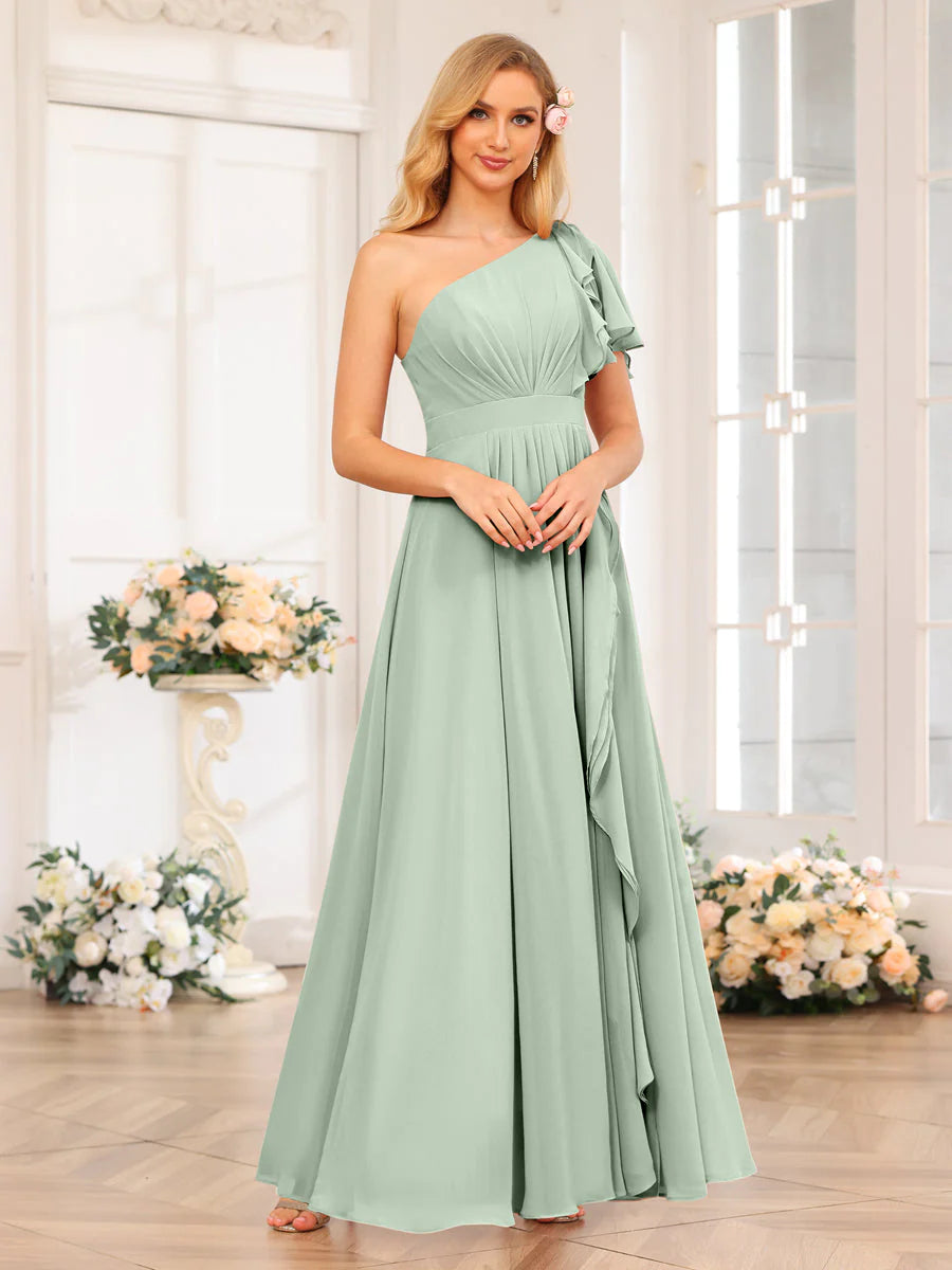 Wholesa A-Line/Princess One-Shoulder Long Wedding Party Dresses With Split Side