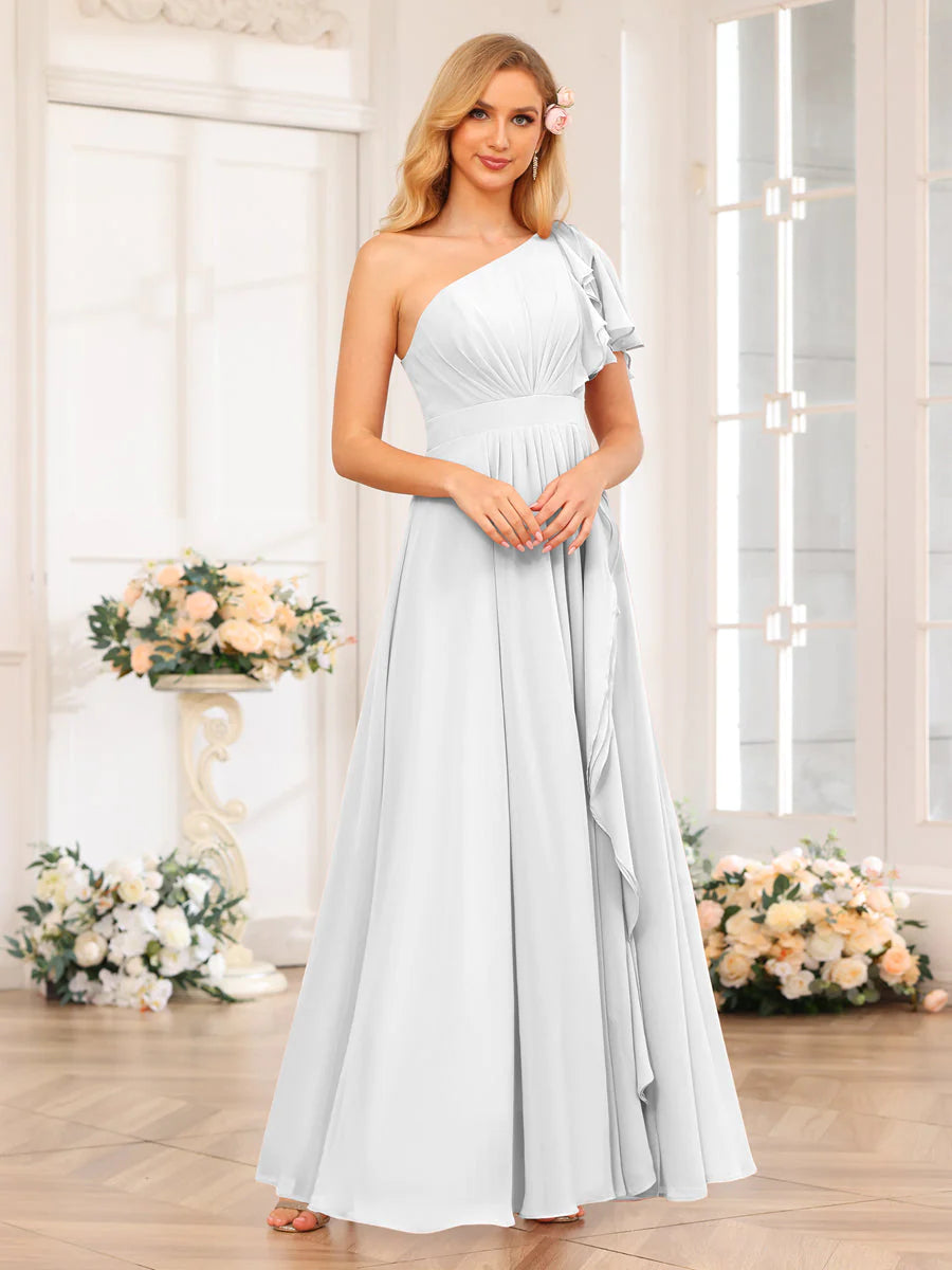 Wholesa A-Line/Princess One-Shoulder Long Wedding Party Dresses With Split Side