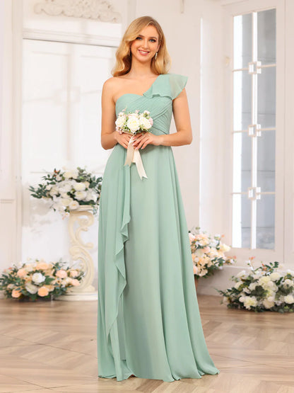 Wholesa A-Line/Princess One-Shoulder Long Wedding Party Dresses With Split Side