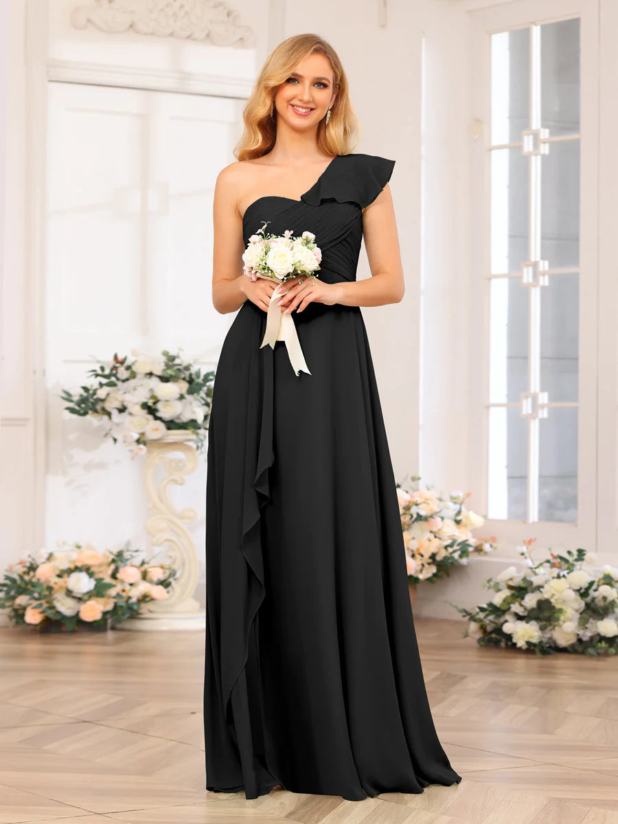 Wholesa A-Line/Princess One-Shoulder Long Wedding Party Dresses With Split Side