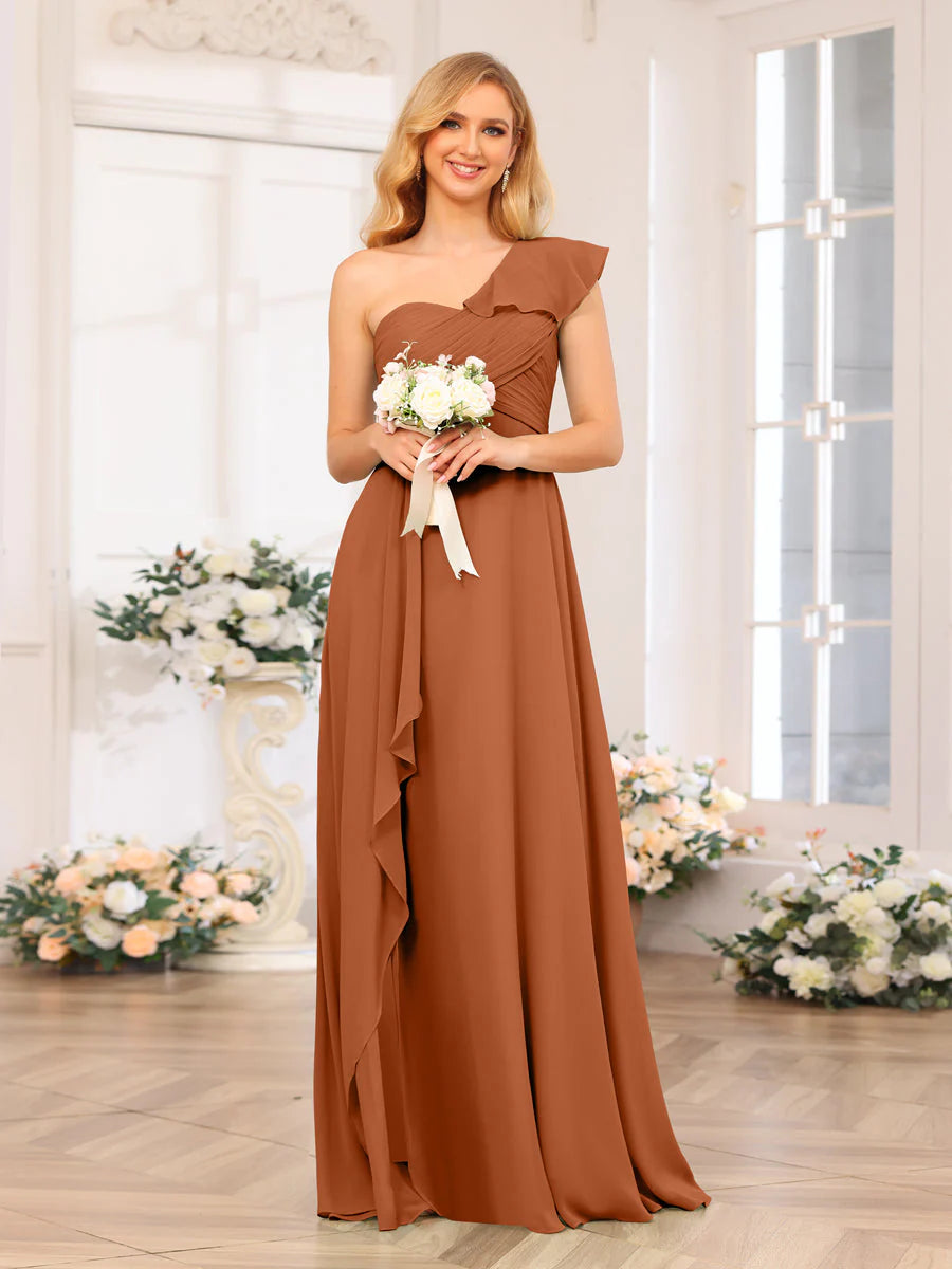 Wholesa A-Line/Princess One-Shoulder Long Wedding Party Dresses With Split Side