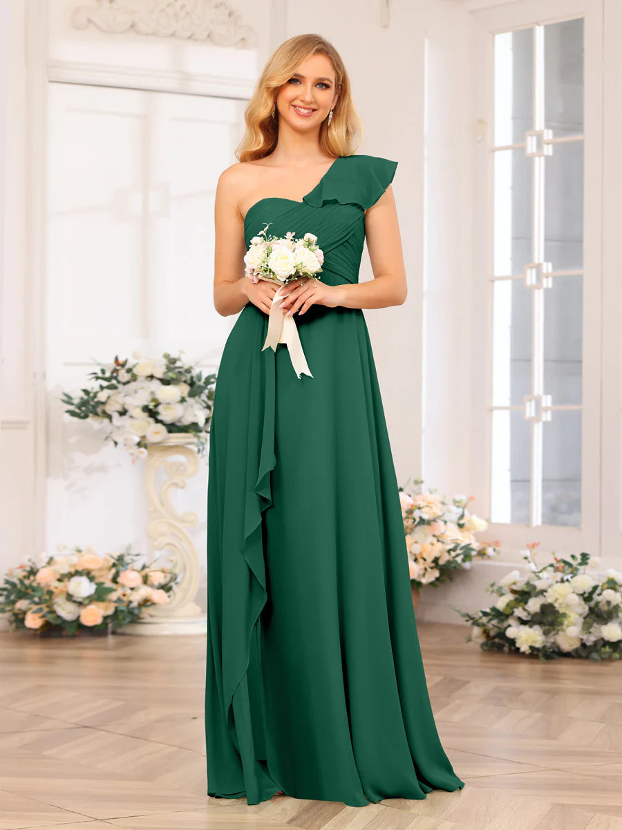 Wholesa A-Line/Princess One-Shoulder Long Wedding Party Dresses With Split Side