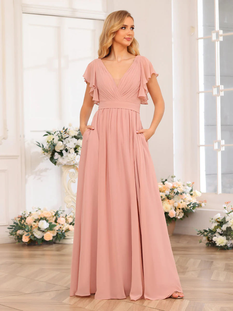 Wholesa A-Line/Princess V-Neck Long Wedding Party Dresses With Split Side & Pockets