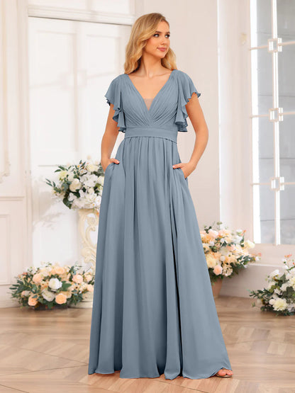 Wholesa A-Line/Princess V-Neck Long Wedding Party Dresses With Split Side & Pockets