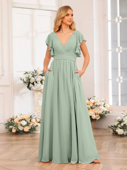 Wholesa A-Line/Princess V-Neck Long Wedding Party Dresses With Split Side & Pockets