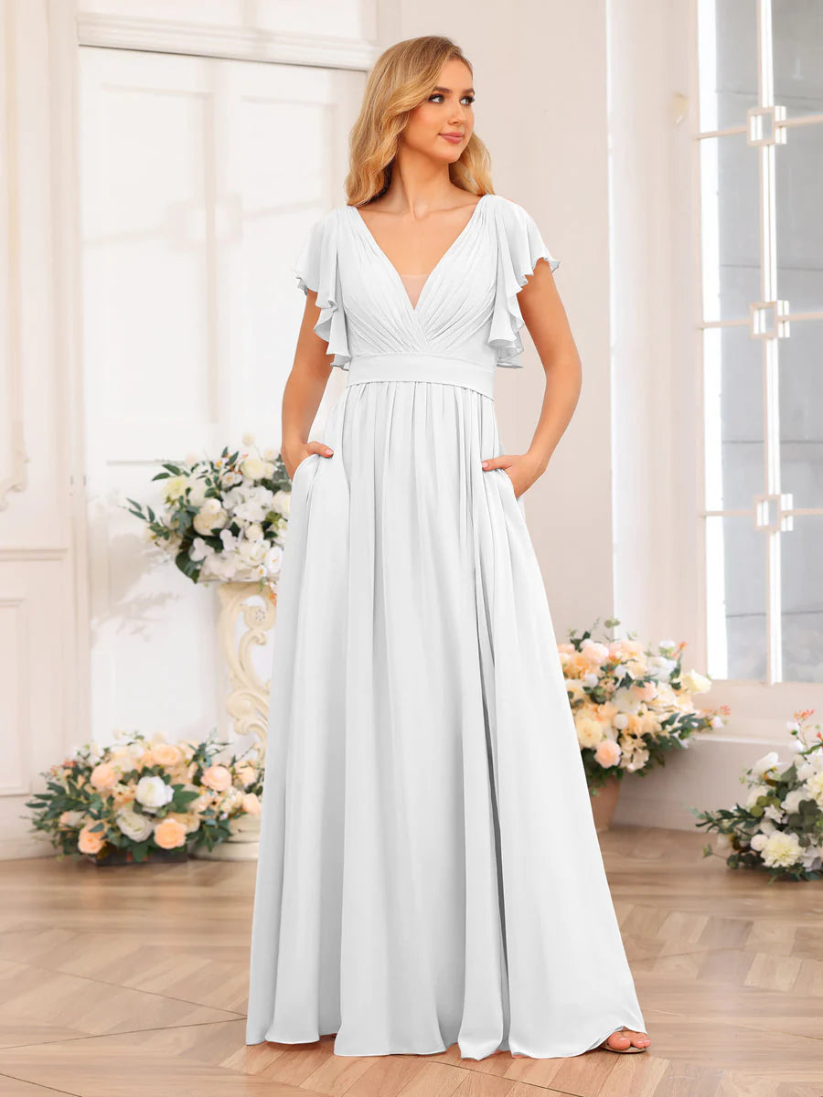 Wholesa A-Line/Princess V-Neck Long Wedding Party Dresses With Split Side & Pockets