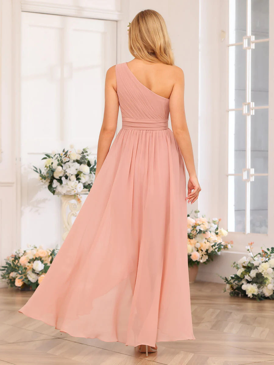 Wholesa A-Line/Princess One-Shoulder Long Wedding Party Dresses With Sash