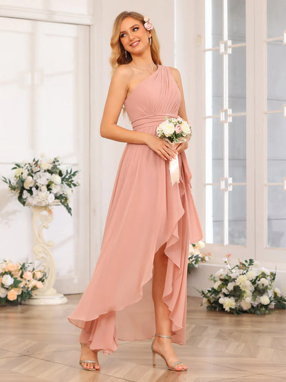 Wholesa A-Line/Princess One-Shoulder Long Wedding Party Dresses With Sash