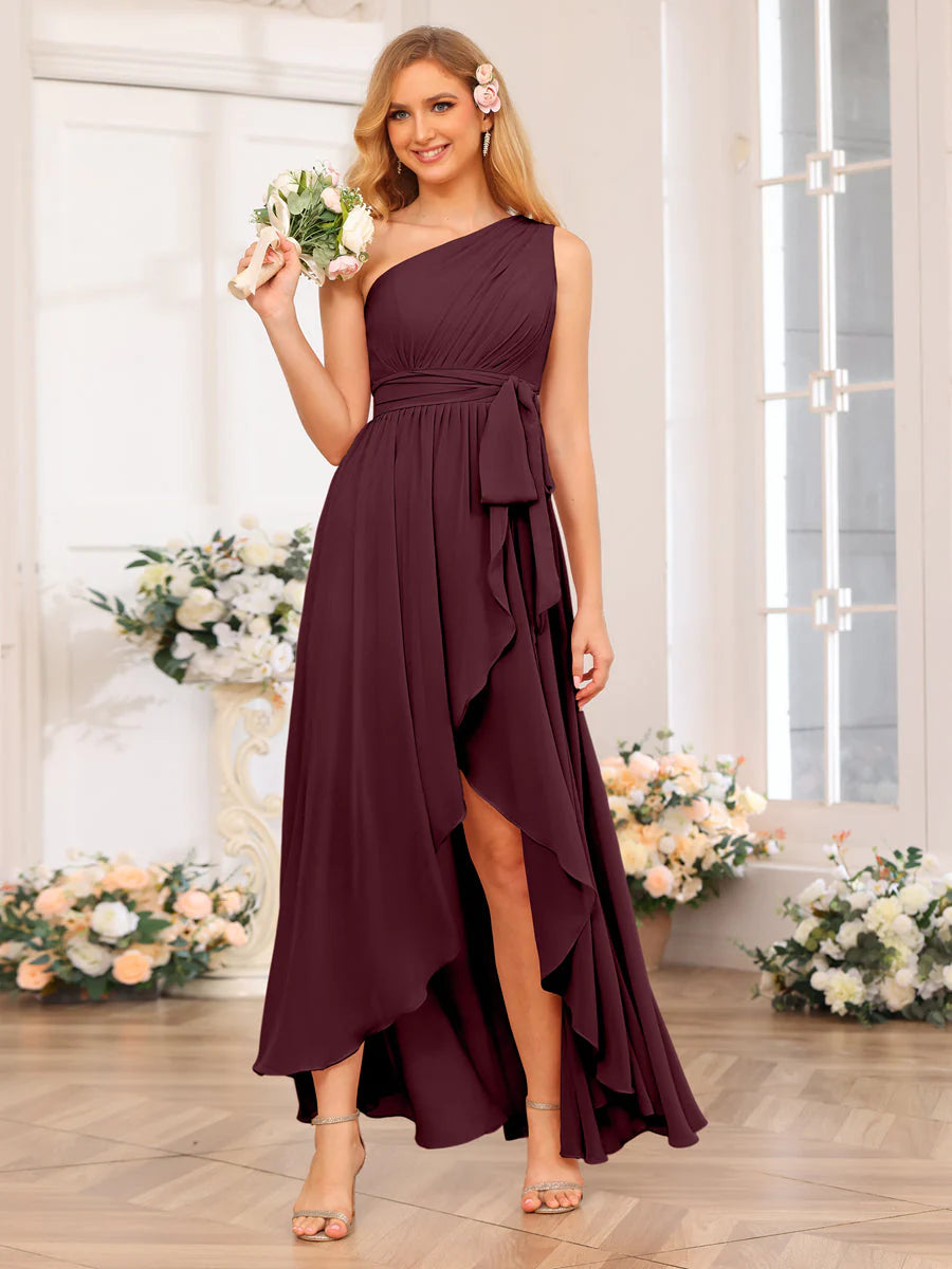 Wholesa A-Line/Princess One-Shoulder Long Wedding Party Dresses With Sash