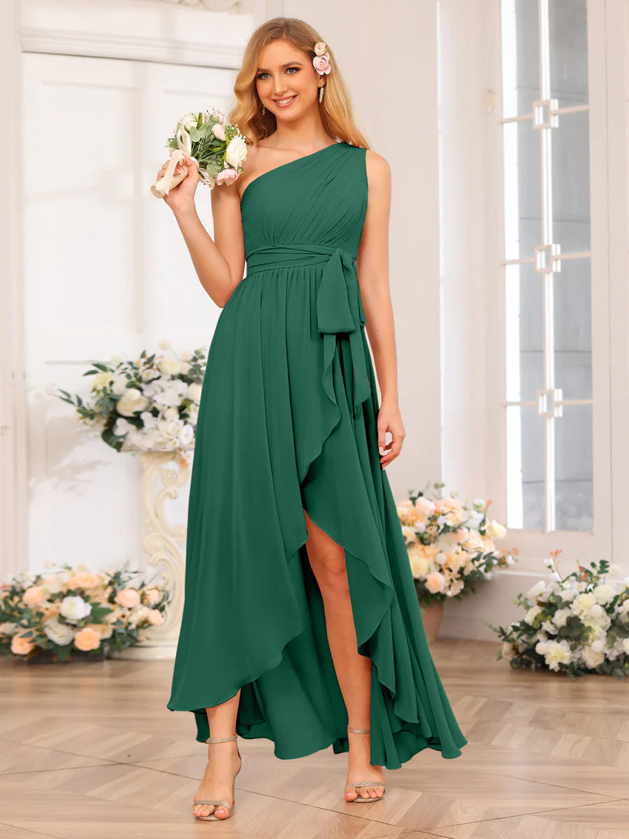 Wholesa A-Line/Princess One-Shoulder Long Wedding Party Dresses With Sash